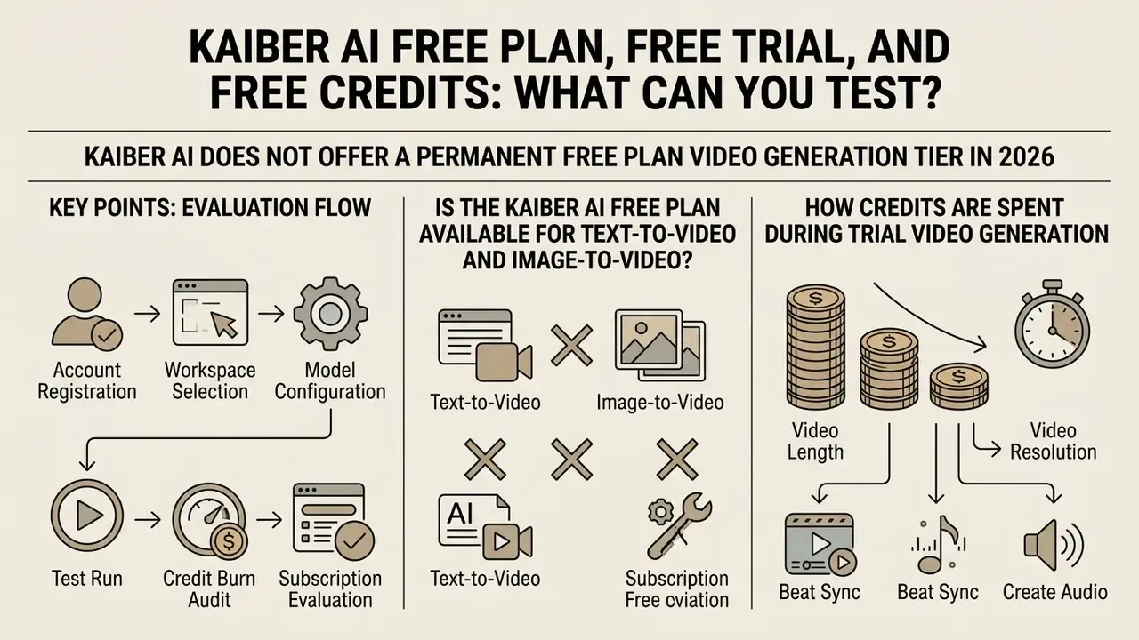 Summary infographic outlining Kaiber AI evaluation steps, credit usage factors, and trial limitations