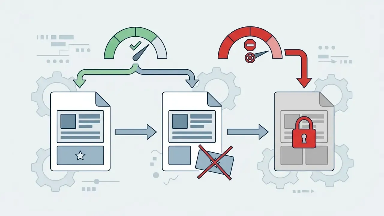 Flowchart showing a slide with a credit badge being deleted and resulting in a locked document file