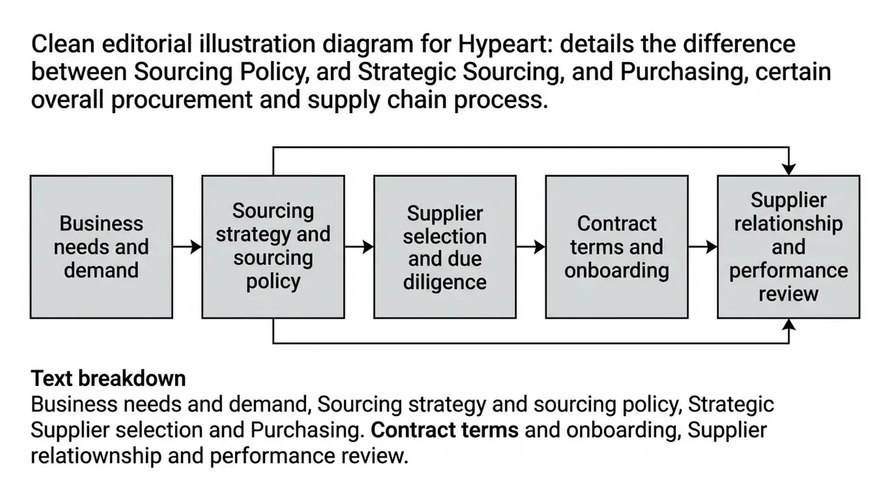Five sequential blocks illustrating the Sourcing Policy lifecycle from business needs to performance review