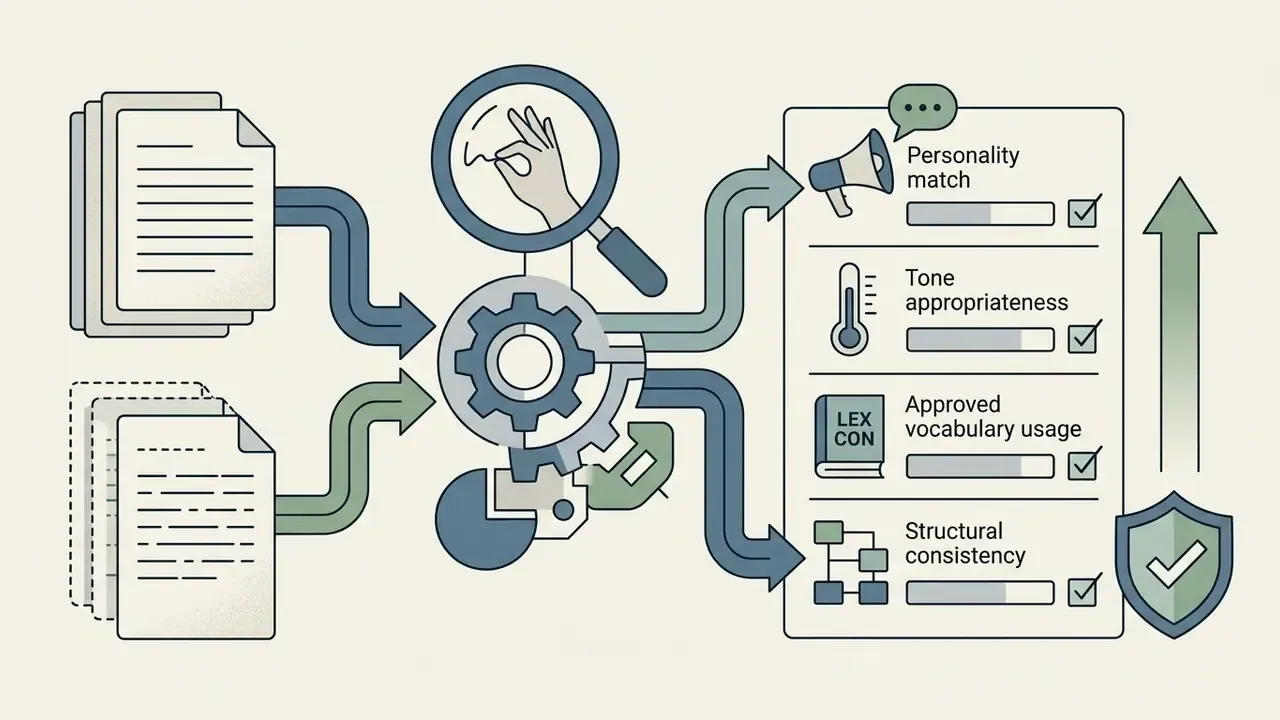 Documents feeding into a gear mechanism and a magnifying glass to score content against quality rubrics
