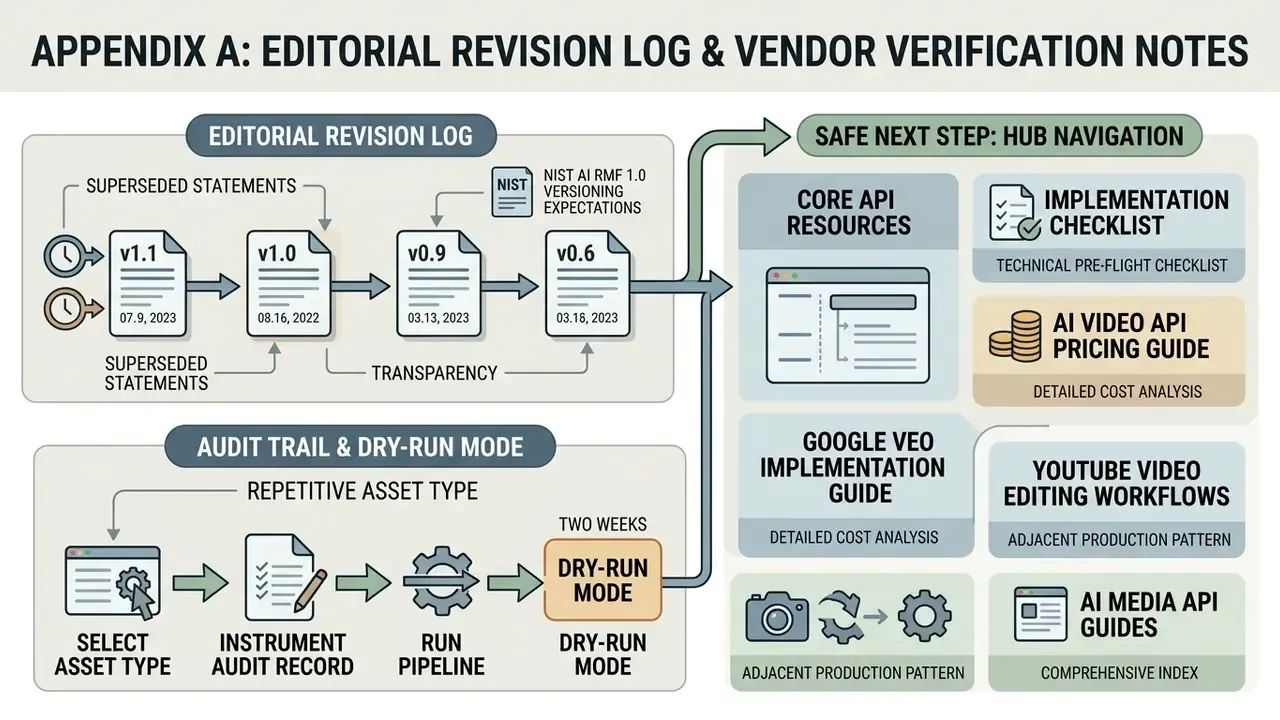 Diagram showing versioned revision logs, audit trail steps, and core API resource navigation