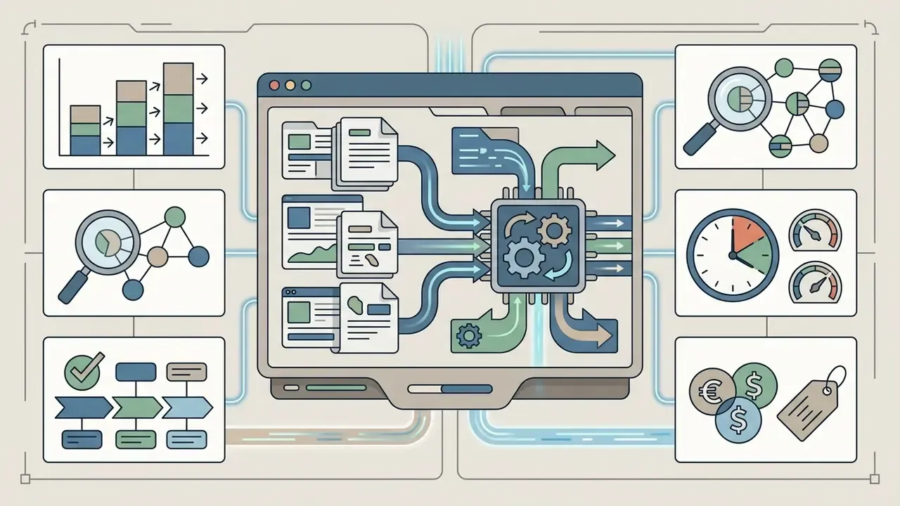 Documents feeding into a processor that outputs metrics for Cost per Usable Output benchmark analysis