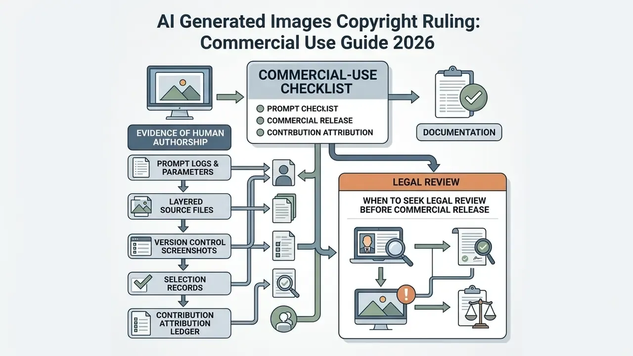 Checklist of documentation and legal review steps for the commercial use of AI generated images