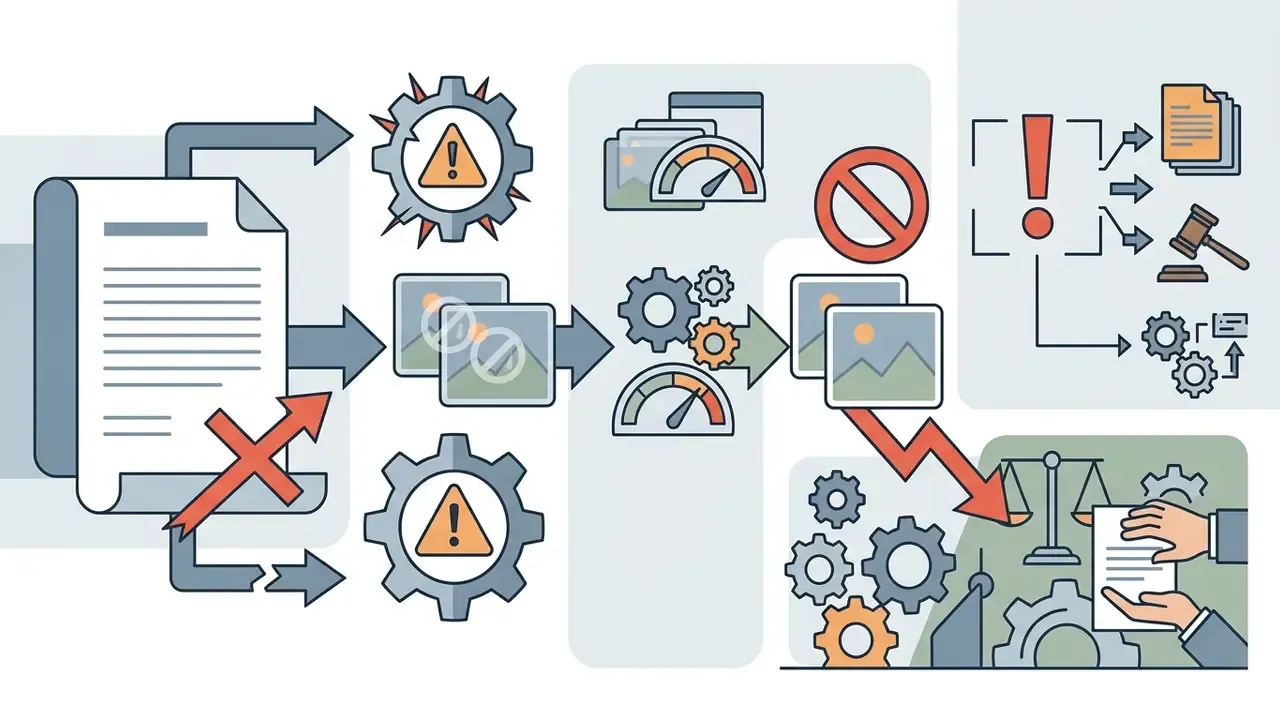 Document icons with warning signs and legal symbols illustrating copyright and intellectual property risks