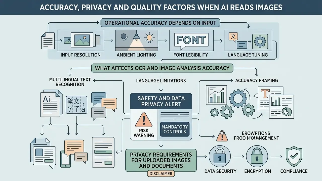 Infographic mapping factors like lighting and resolution that impact how AI that can read images performs