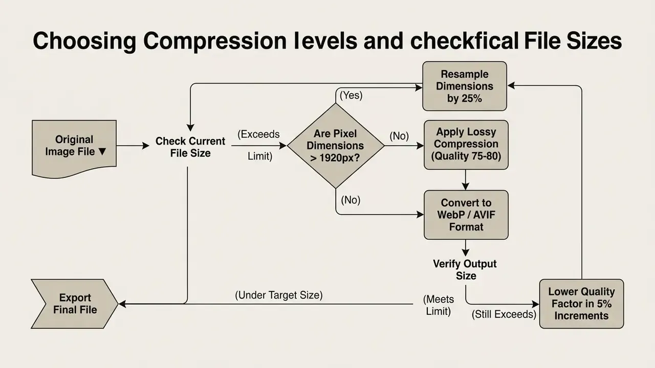 Flowchart outlining the decision steps to reduce image file size through resampling and compression