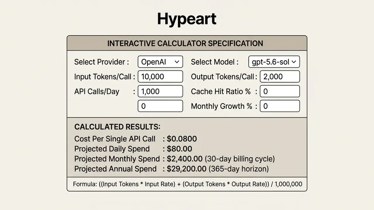 Interactive form fields for model selection and token inputs with corresponding API cost calculations