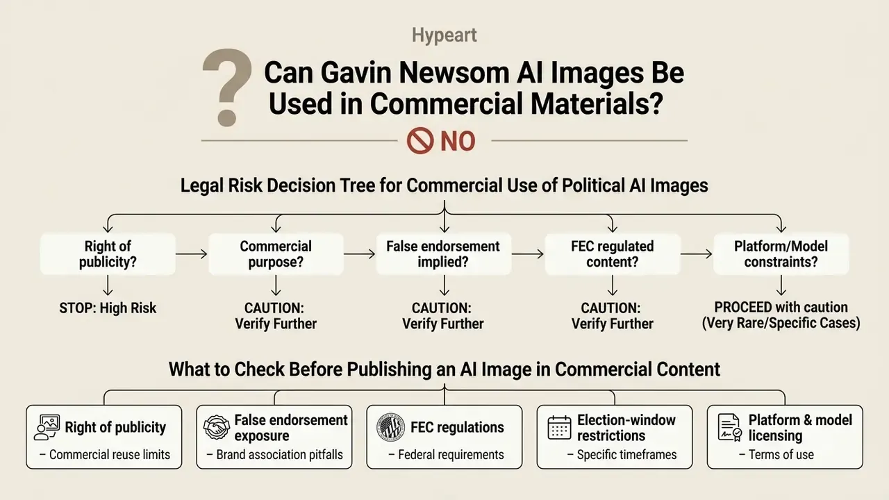 Decision tree infographic outlining legal risks and compliance checks for using political AI media
