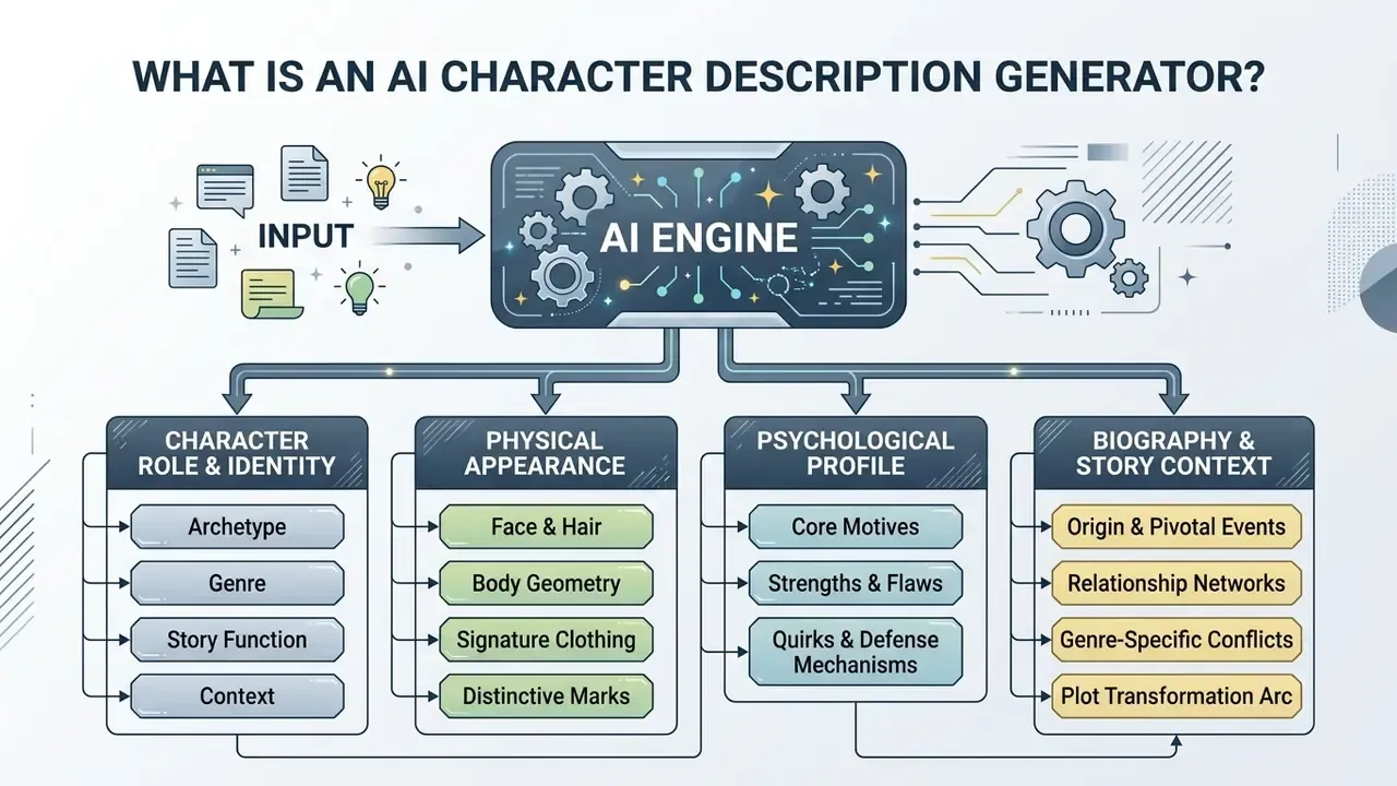 Flowchart showing an AI engine processing input data into detailed character profile categories