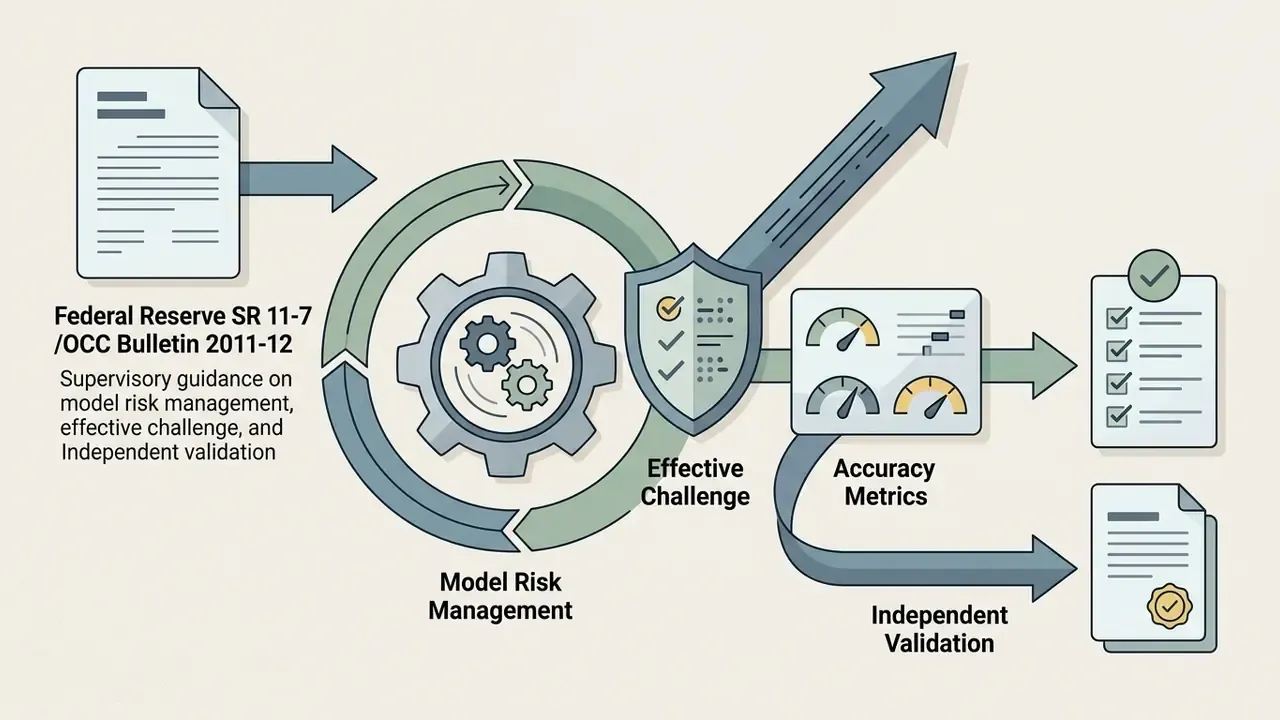 Regulatory guidance document feeding into a circular gear process that outputs metrics and validation reports