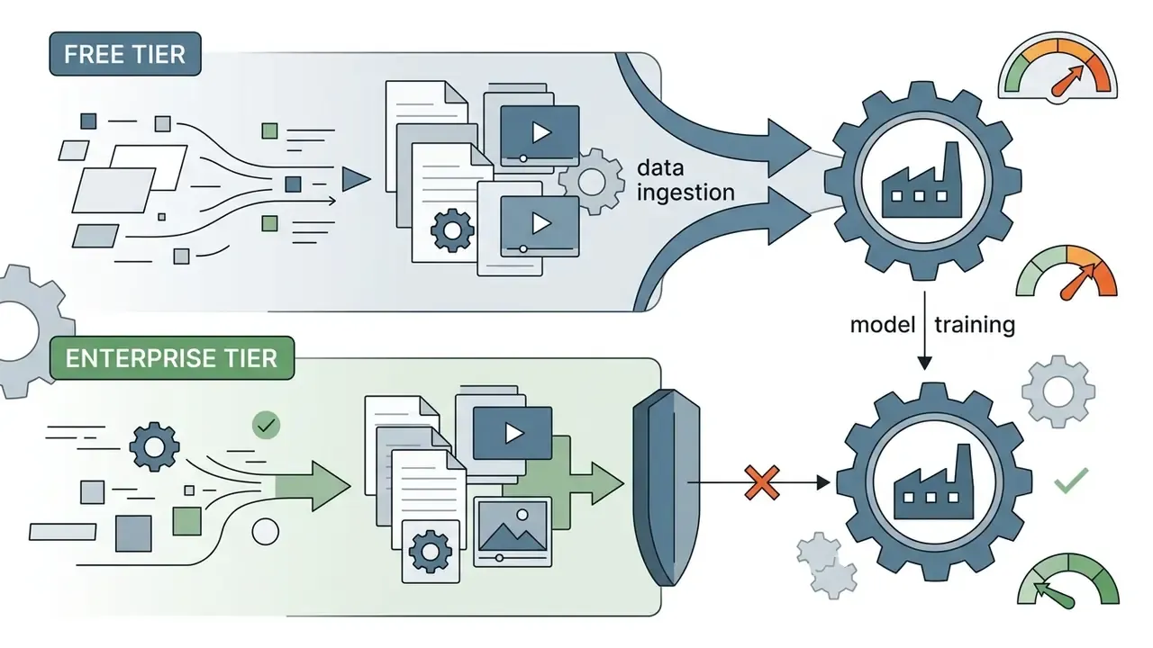 Comparison showing free tier data flowing into model training versus enterprise tier blocked by a shield