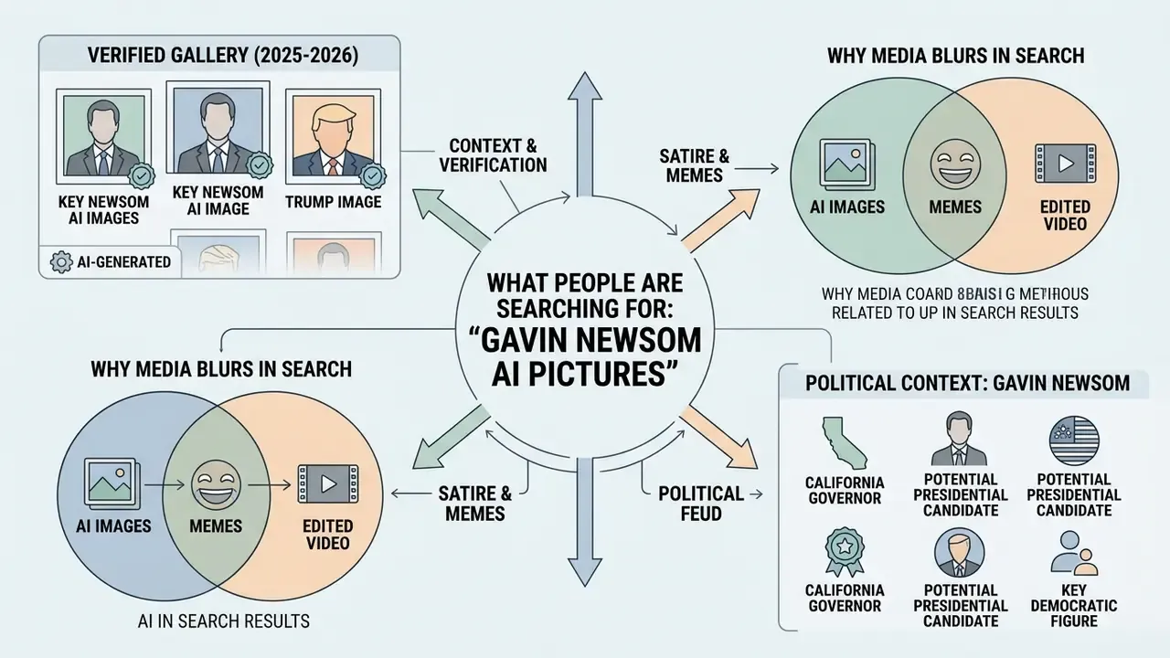 Diagram mapping search intent for Gavin Newsom AI pictures through verified galleries and political context