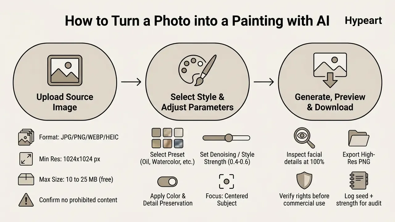 Three-step process flowchart detailing image upload, style selection, and final file generation