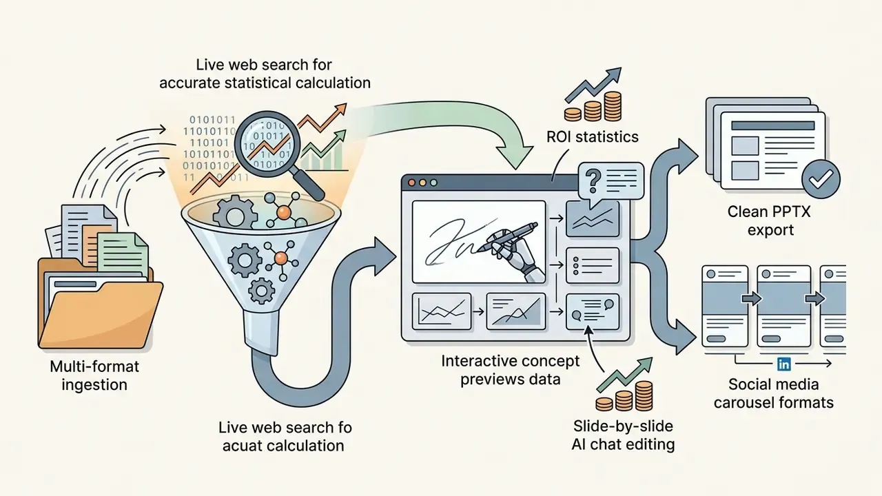 Data files processed through a funnel and AI interface into presentation slides and social media carousels