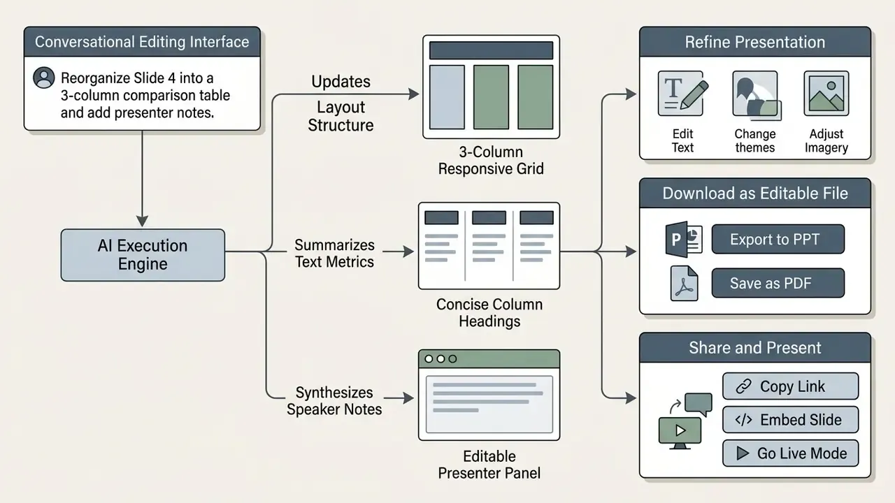 Diagram showing an AI engine processing a conversational prompt to restructure slides and export files