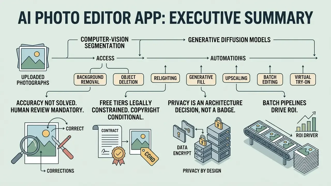 Flowchart showing how an AI photo editor app uses computer vision and diffusion models for automation
