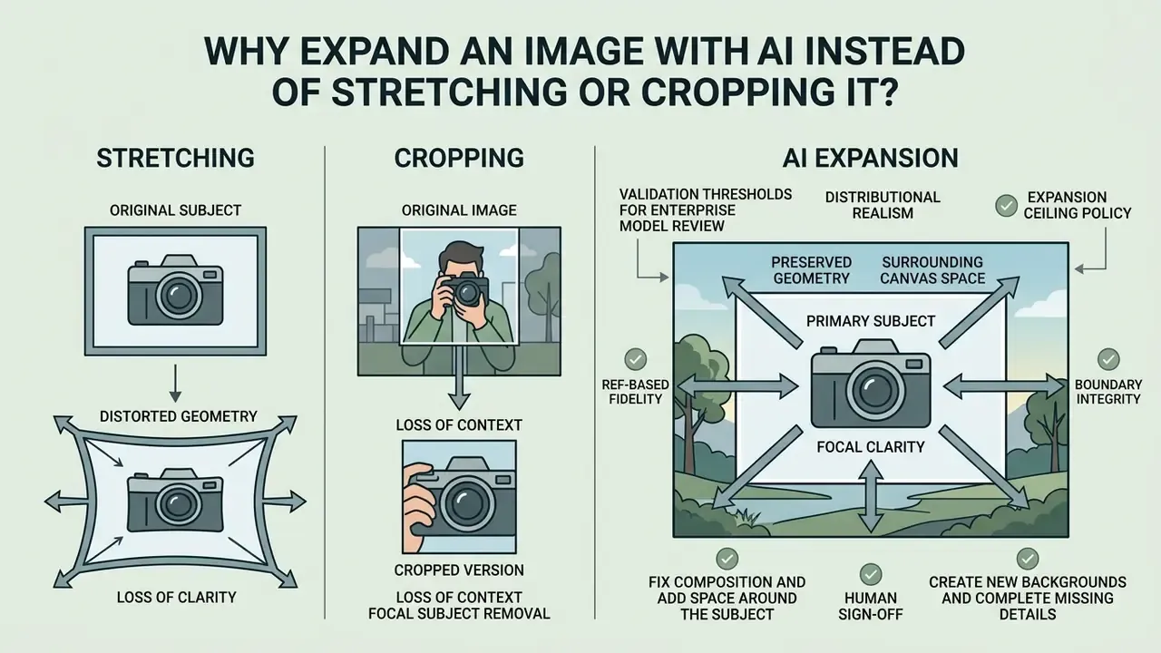 Comparison infographic showing how AI image extender tools preserve subject geometry versus traditional methods