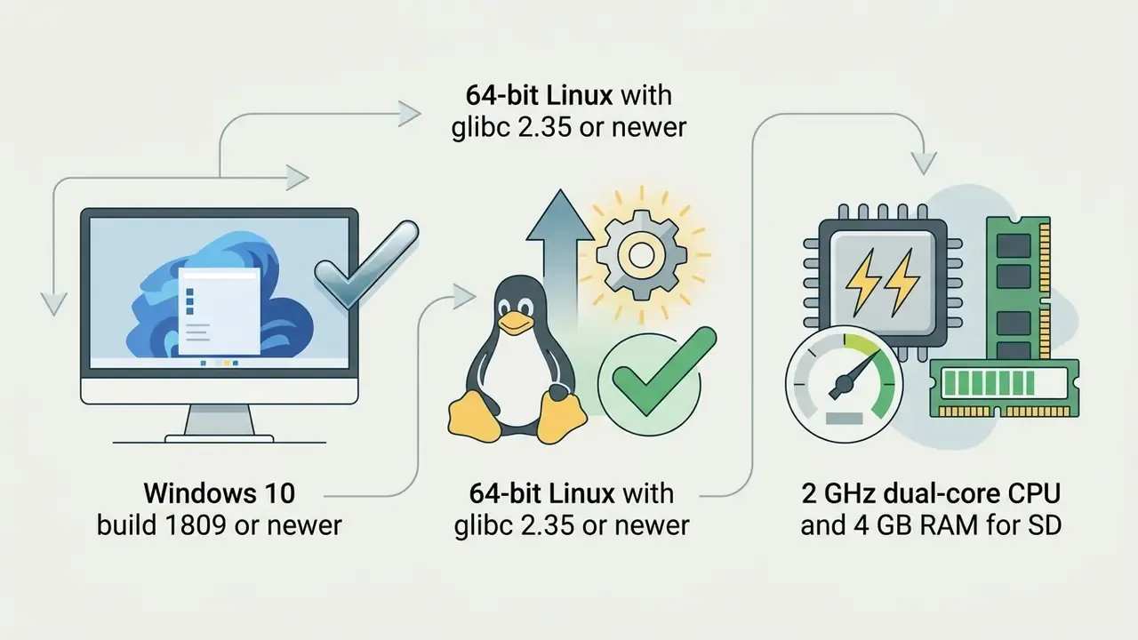 System requirements showing Windows and Linux operating systems alongside CPU and RAM specifications