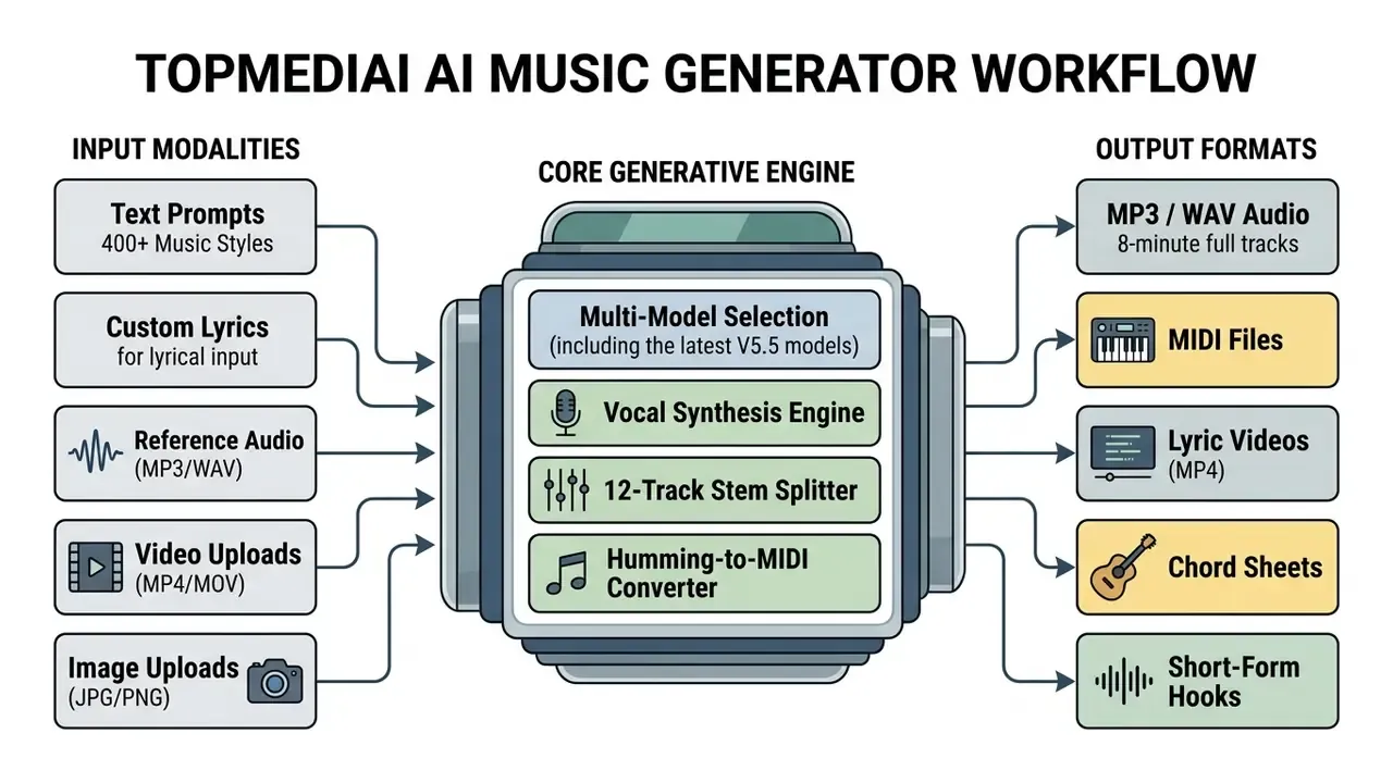 Diagram showing the TopMediai AI music generator workflow from input modalities to output formats