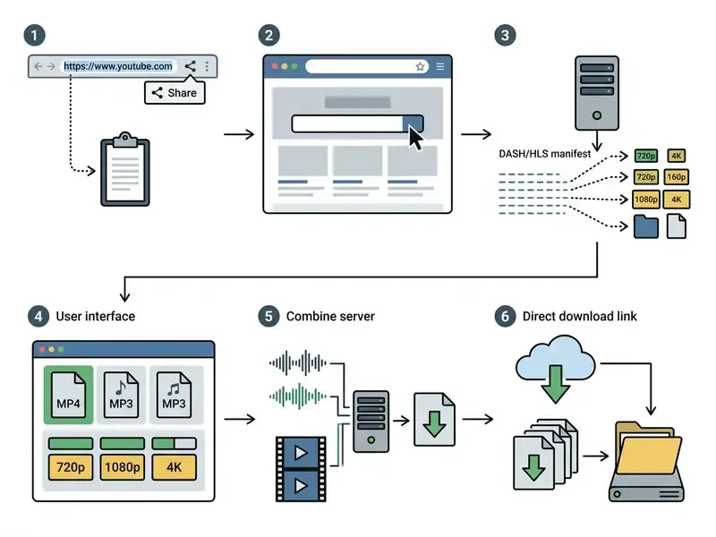 Six-step sequence showing how an online video downloader YouTube service processes and saves media files