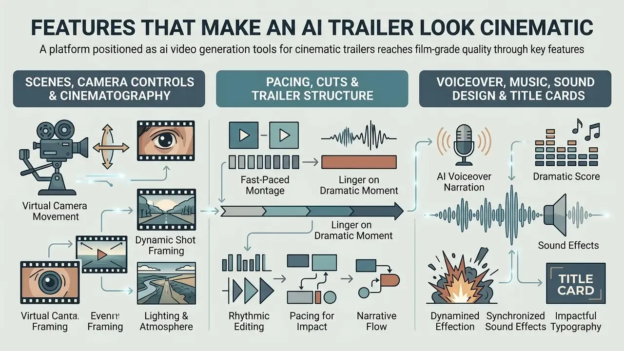 Visual breakdown of video production elements including camera controls, editing pacing, and sound design