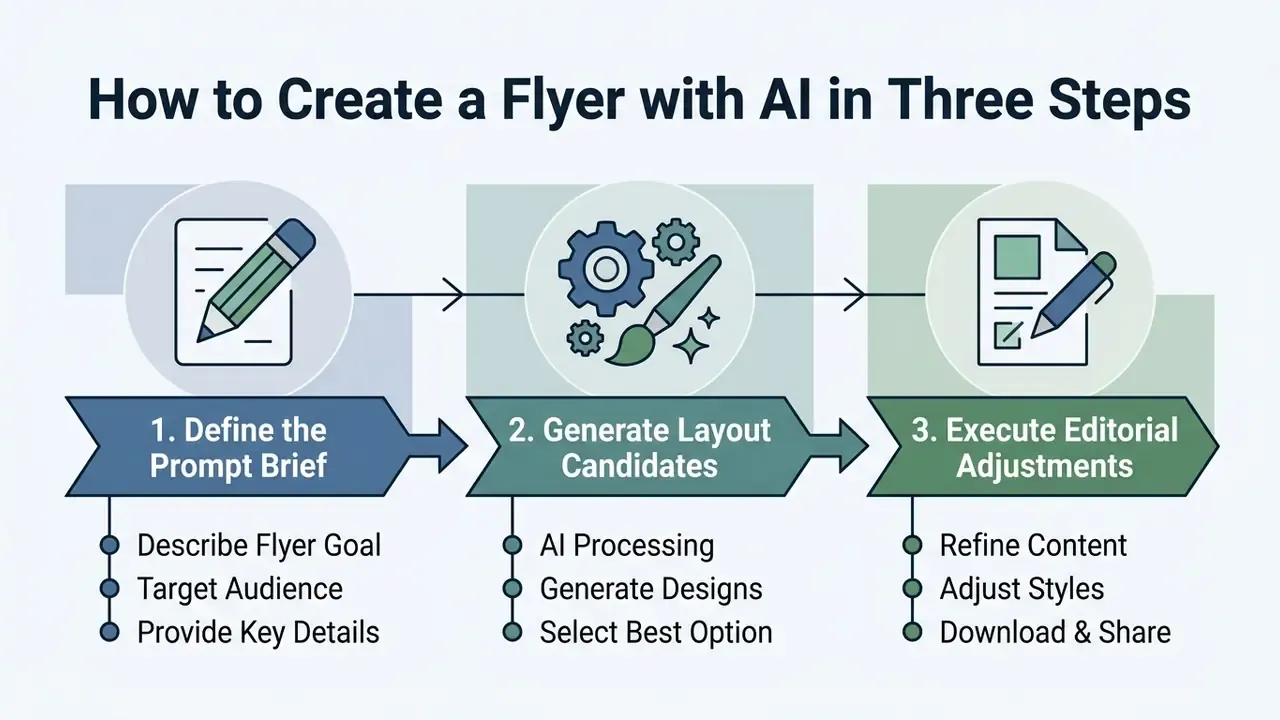 Three stage workflow for an AI flyer generator showing prompt definition, layout creation, and editing