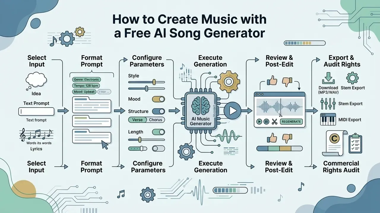 Step-by-step workflow for using a free AI song generator from input selection to final file export