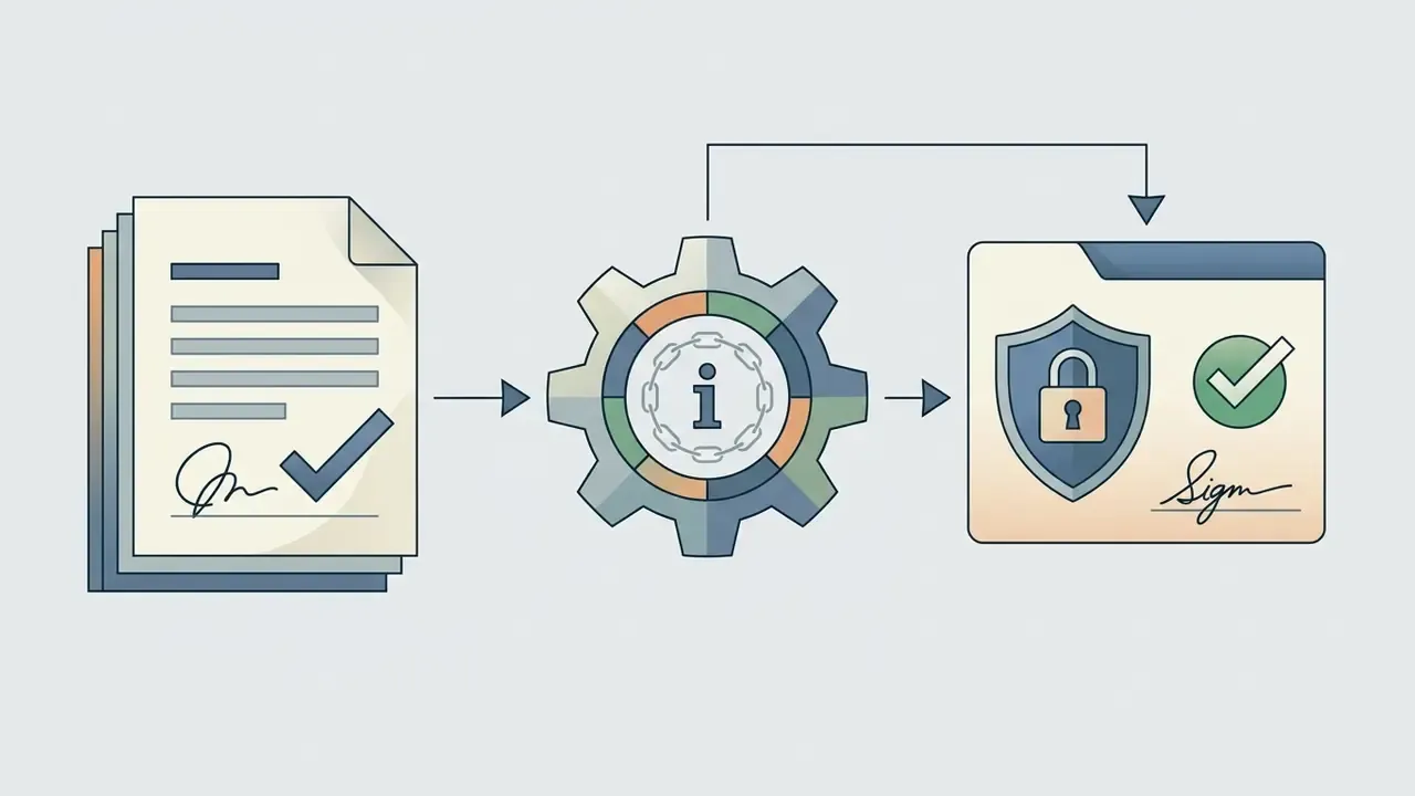 Signed document feeding into a gear icon that generates a protected and validated digital record