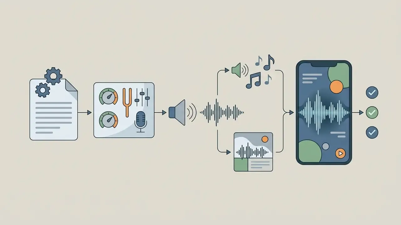 Sequence showing text and audio processing into a mobile video file with a rendered waveform