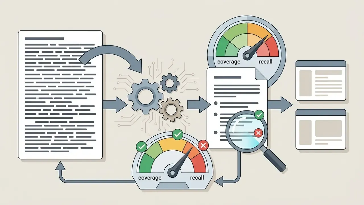 Diagram showing a document being processed through gears and analyzed by gauges and a magnifying glass