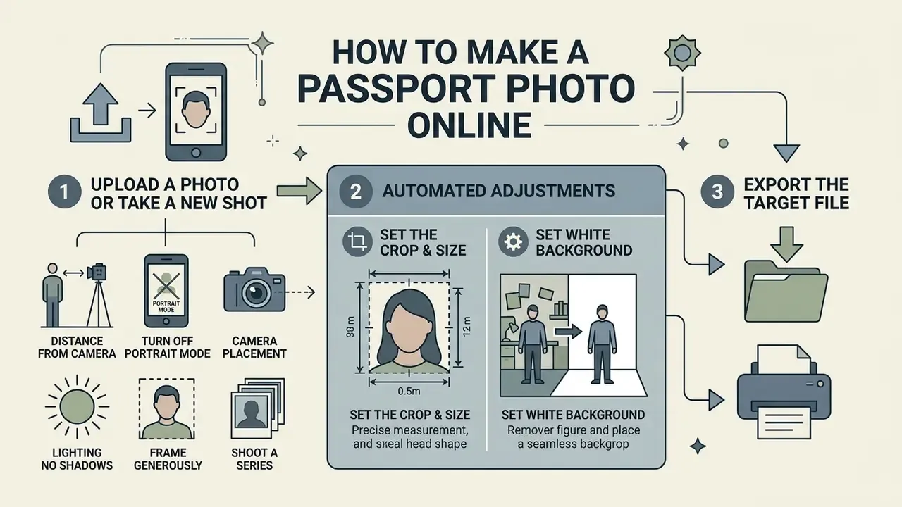 Steps for using a passport photo editor to upload, adjust, and export a compliant identity portrait