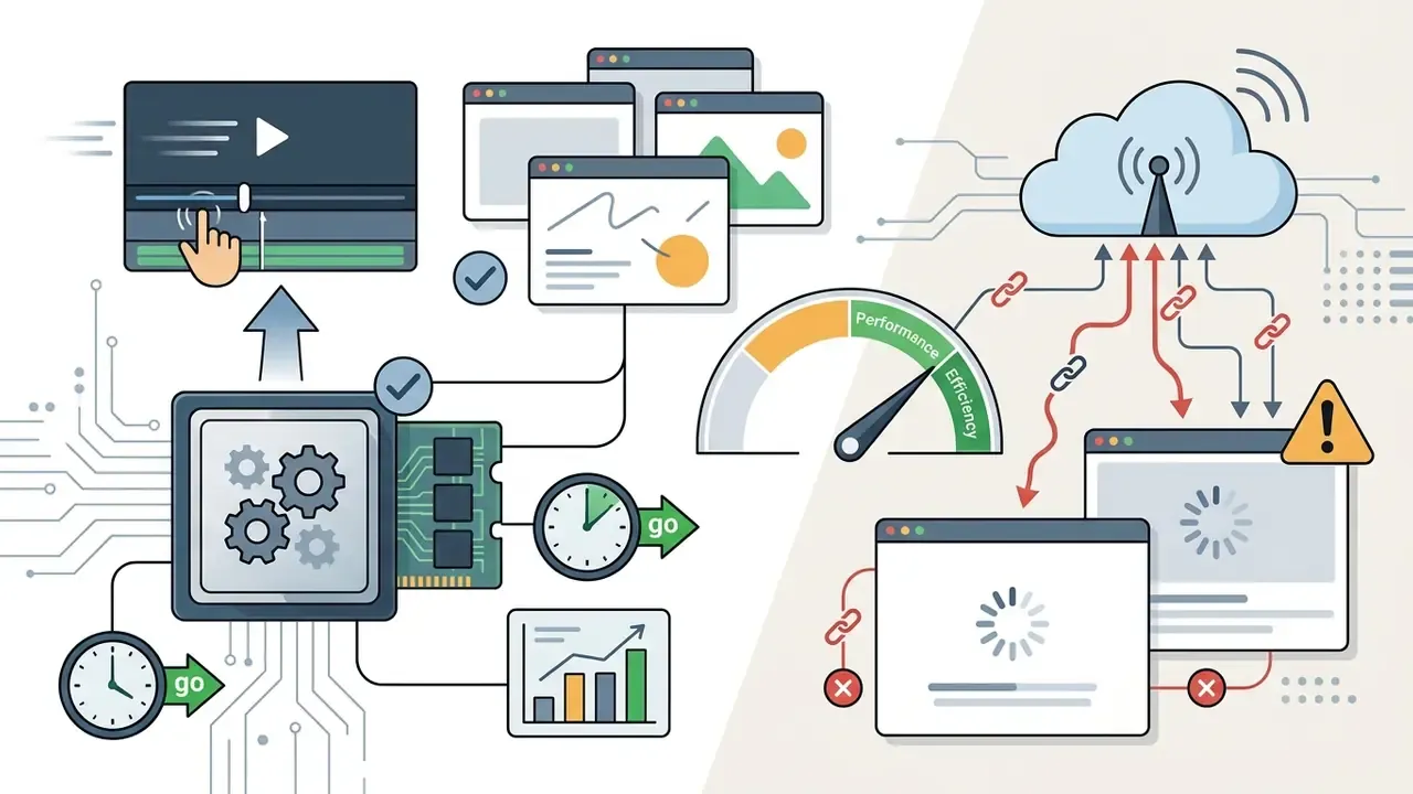 Processor and local memory powering smooth video editing versus cloud-based tools showing latency