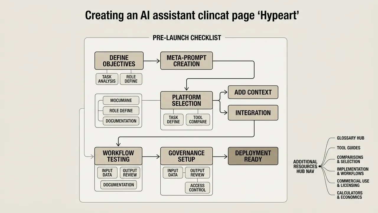 Checklist diagram showing development stages for AI tools alongside a list of additional resource links