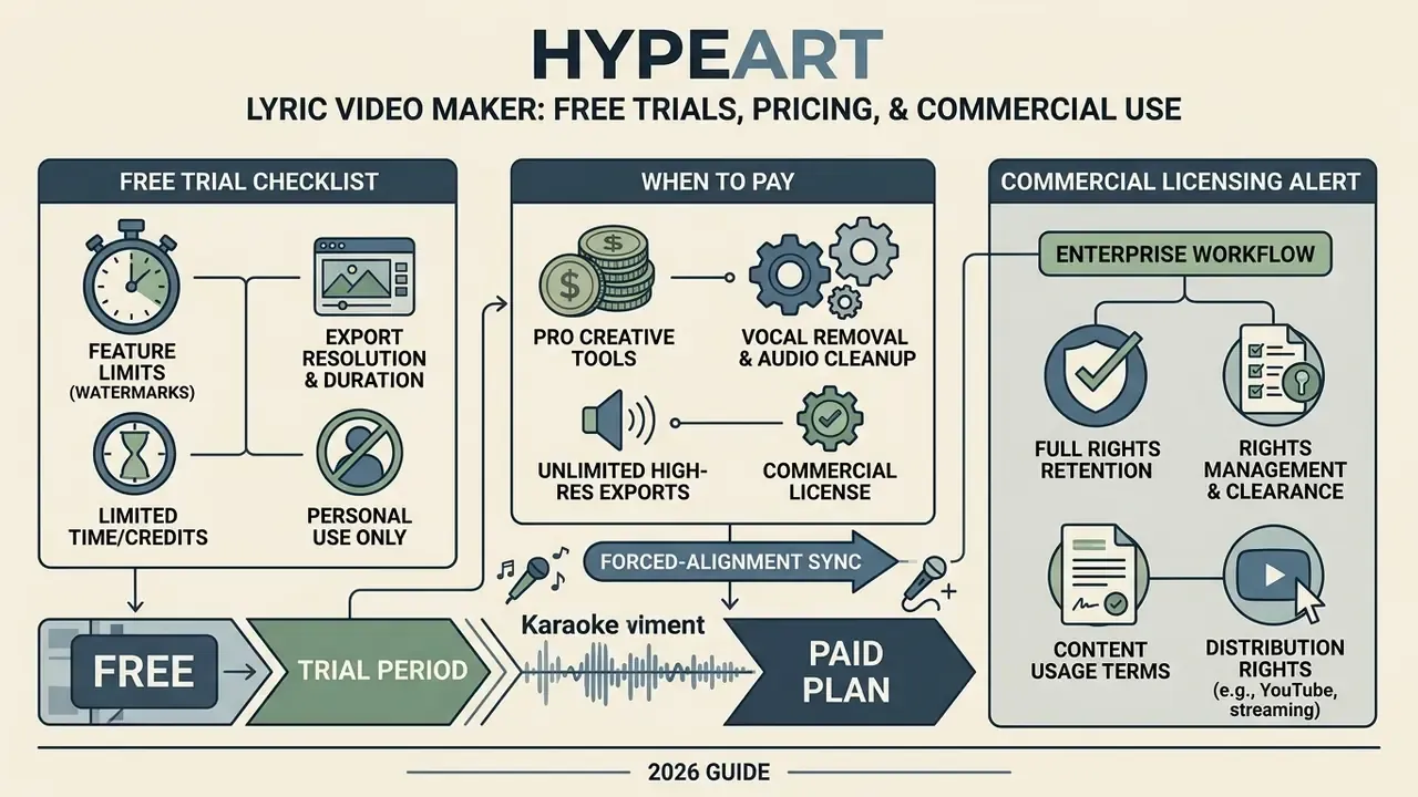 Summary of trial limitations, paid features, and commercial licensing requirements for video production