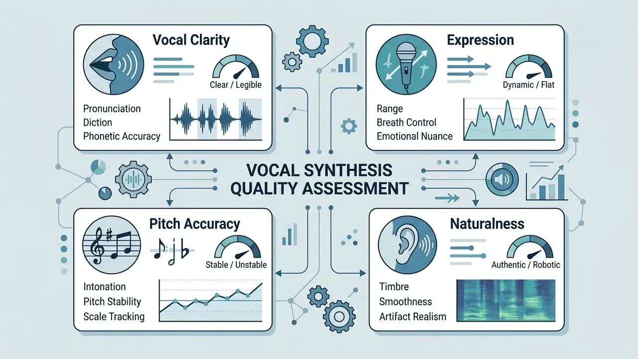 Four quadrants detailing vocal synthesis quality metrics including clarity, expression, pitch, and naturalness