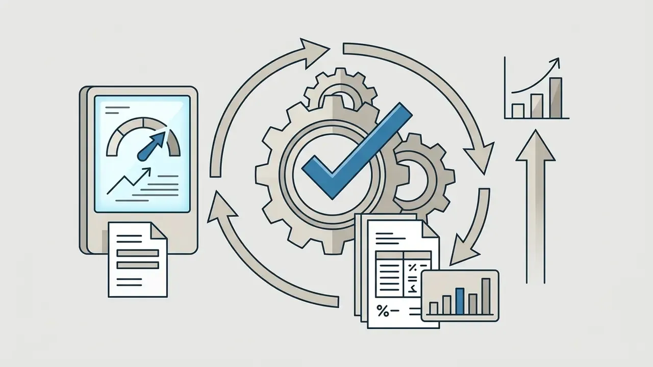 Circular process diagram showing a dashboard gauge, interlocking gears, and financial documents