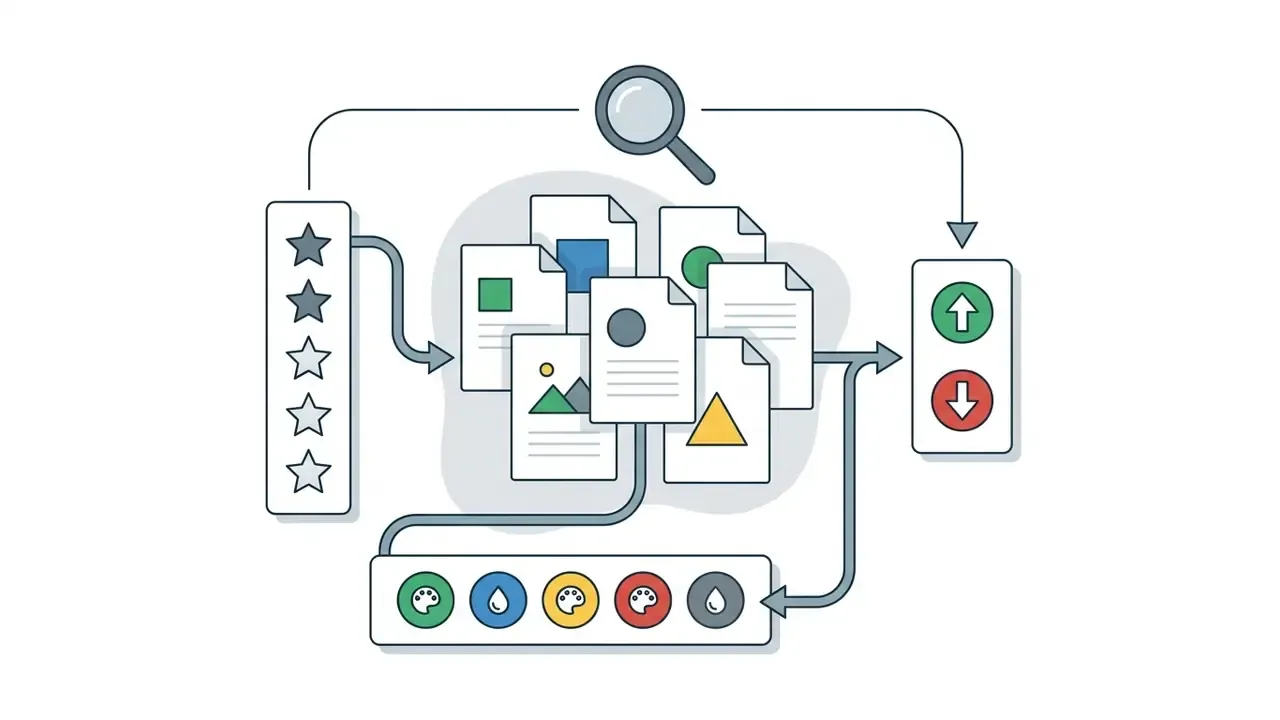 Cluster of document icons connected to star ratings, color labels, and flag arrows for image sorting