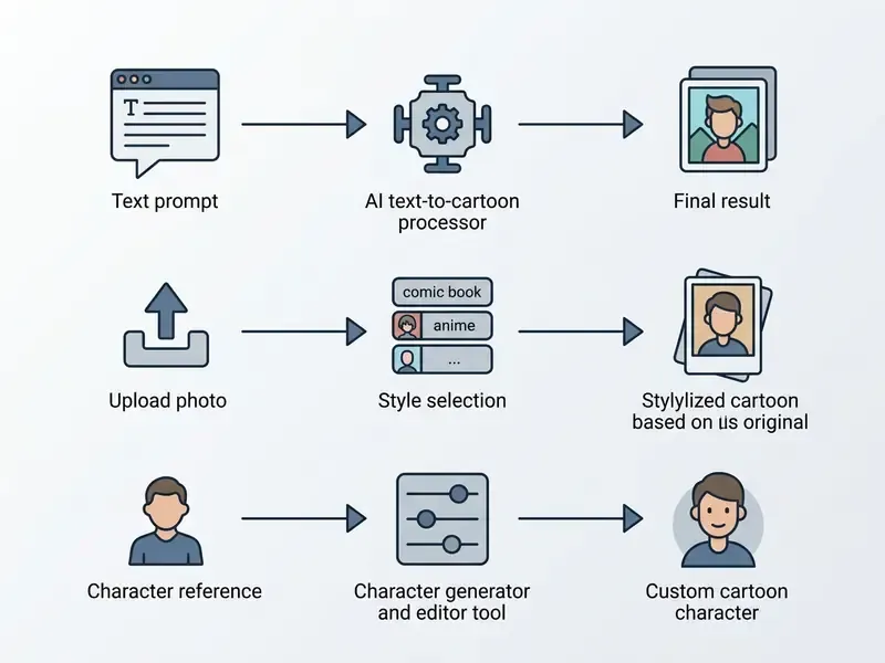 Three parallel workflows illustrating how a free AI cartoon generator processes text, photos, or character references