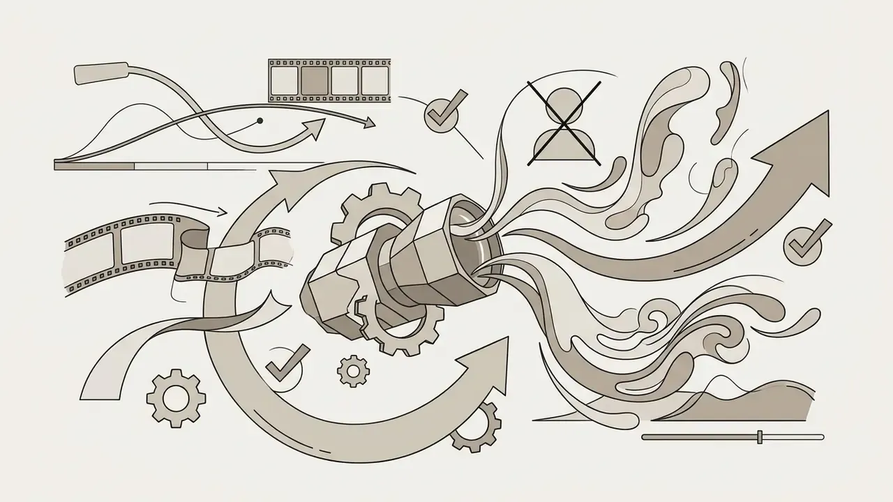 Camera lens emitting fluid shapes with film strips, gears, and arrows representing cinematic video creation