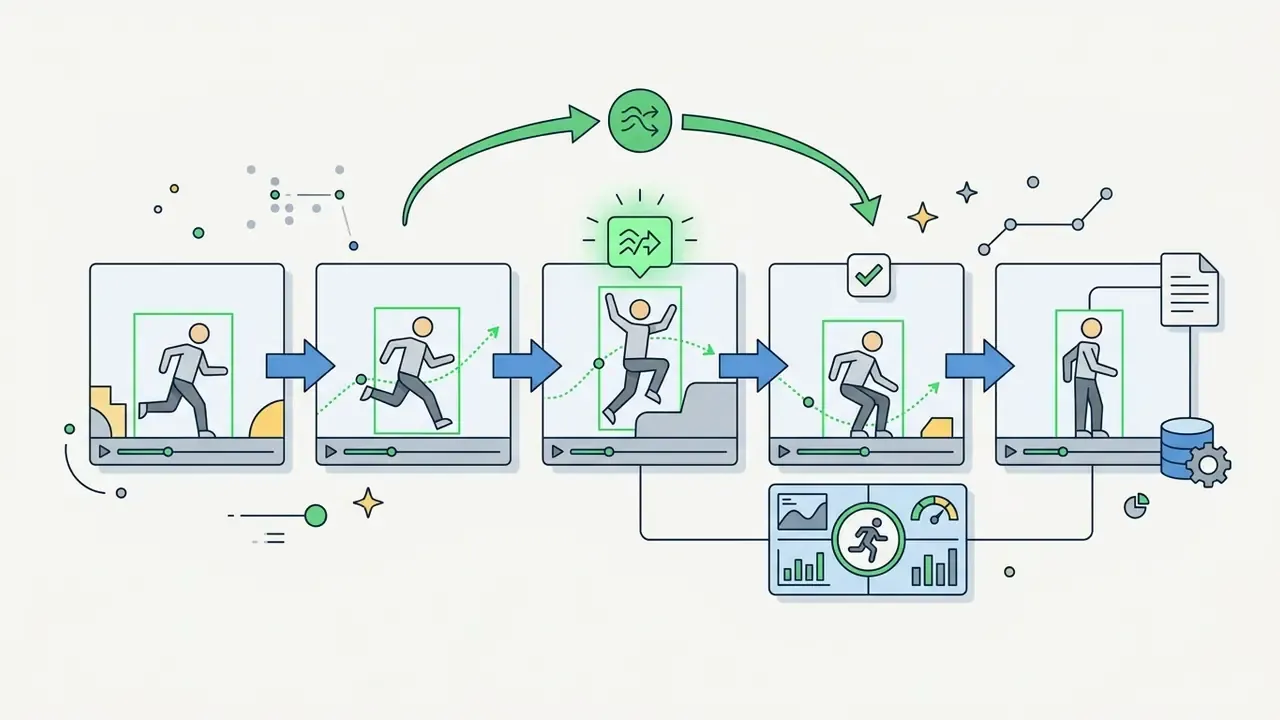 Series of video frames showing a person moving, with tracking paths and data output for action recognition