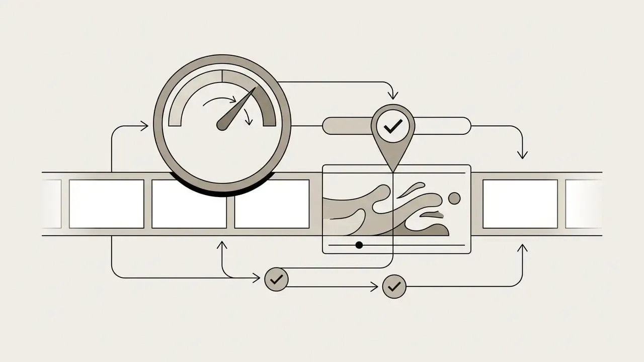 Speedometer and checkmark icons connected to a video timeline to represent smooth frame scrubbing