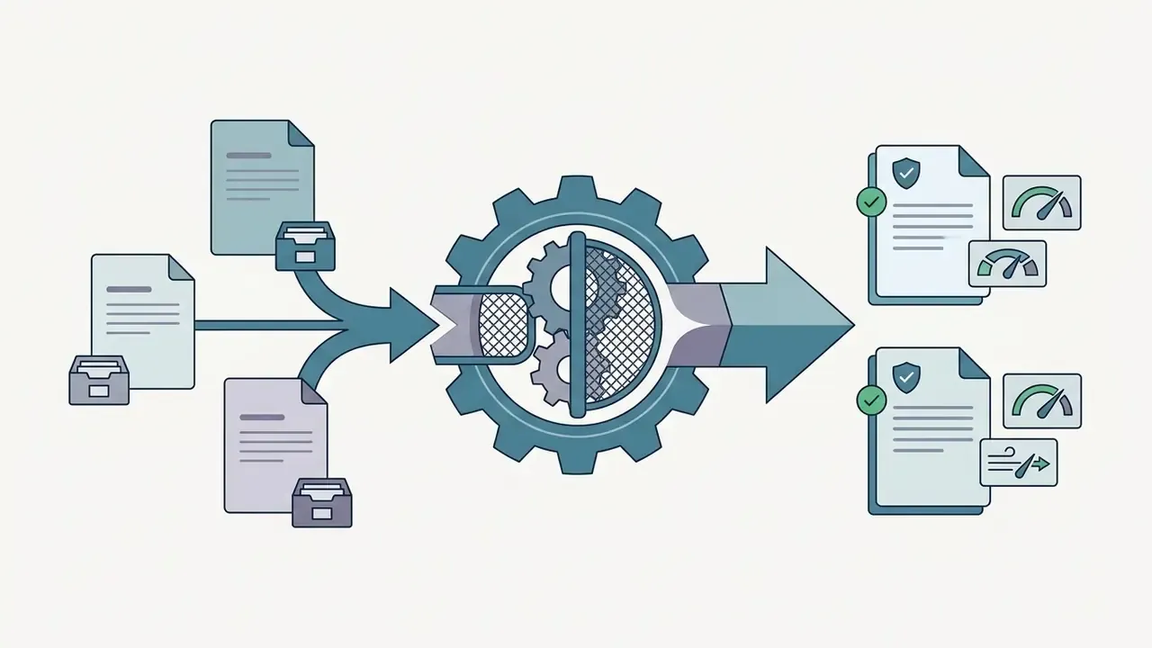 Documents and folders feeding into a central gear mechanism that outputs processed files with gauge icons
