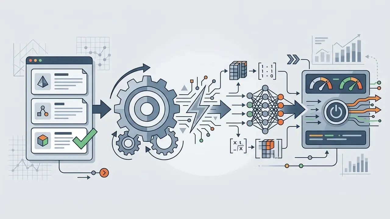 Documents feeding into a gear mechanism that powers a neural network to produce dashboard outputs