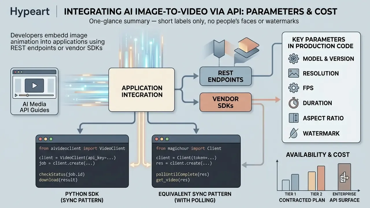 Flowchart showing technical integration methods for video generation using REST endpoints and Python SDKs