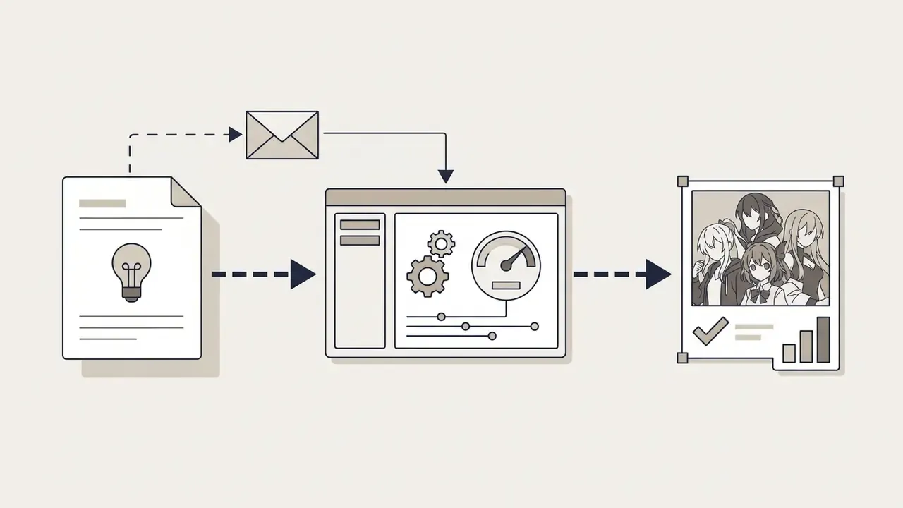 Workflow showing an idea document and email verification leading to a control panel and final image output