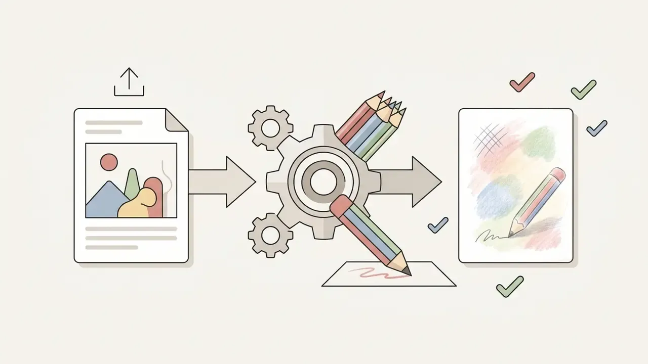 Document upload passing through a gear mechanism with colored pencils to create a soft sketch output