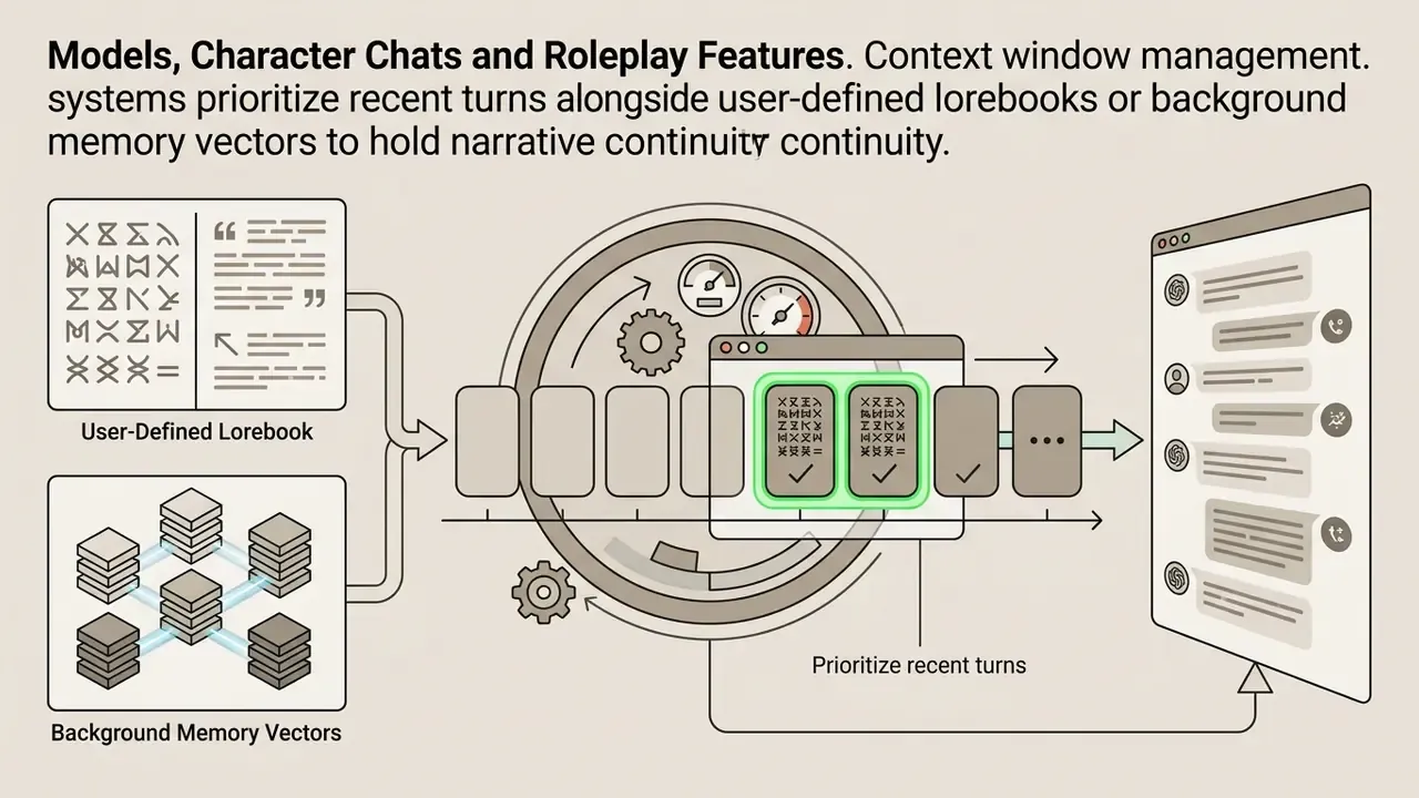 Lorebooks and memory vectors feeding into a processing system that prioritizes chat turns for output