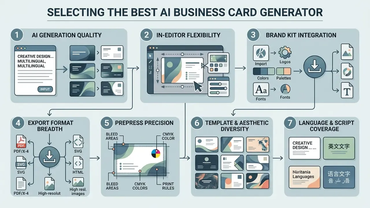 Seven steps covering design quality, editing, brand integration, file formats, print prep, and language support