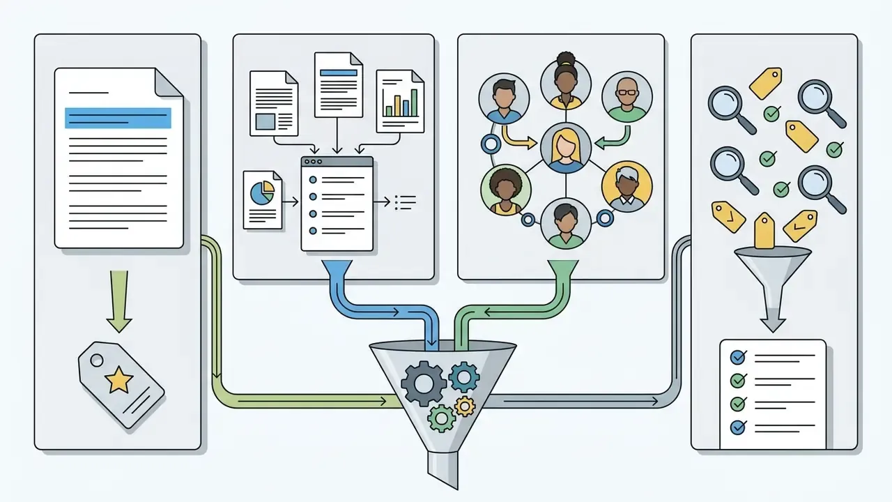Documents, data, and team inputs converging into a gear funnel to produce filtered keyword lists