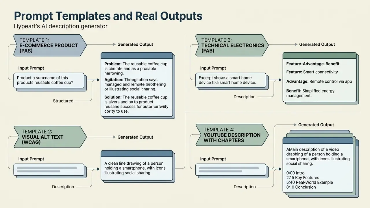 Four distinct prompt templates with corresponding input examples and generated content outputs